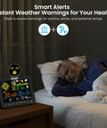 Man sleeping beside Wireless Home Weather Station With Rain Gauge, Wind Speed And Direction, Humidity, Air Pressure And Forecast On A 6.5 Inch Color Display With Adjustable Backlight No WiFi