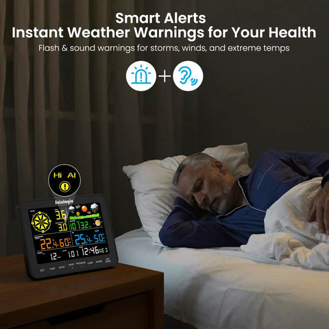 Man sleeping beside Wireless Home Weather Station With Rain Gauge, Wind Speed And Direction, Humidity, Air Pressure And Forecast On A 6.5 Inch Color Display With Adjustable Backlight No WiFi