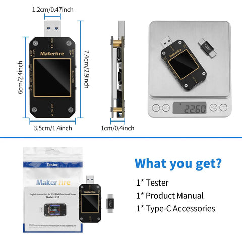 All In One USB Power Meter And Multimeter For Type C PD QC 2.0 3.0 4.0, Voltmeter And Ammeter, dimensions and included items.