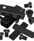 Black Finish Glass Shower Door Hinges Set With Metal Clamps Cold Rolled Steel Construction pieces and screws detail view