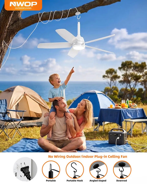 NWOP 28 Inch Plug-In Outdoor Ceiling Fan with Light and Remote, Waterproof Small Ceiling Fan for Patio Porch Balcony in use outdoors.