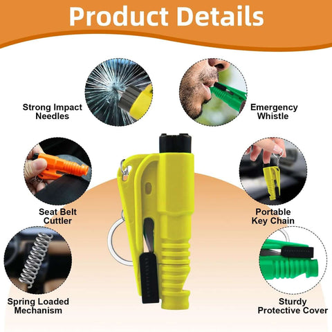 JINRUITOP yellow plastic 3-in-1 car window breaker with seat belt cutter and emergency whistle on key chain