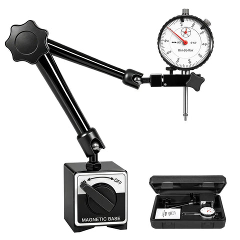 Pro Grade Dial Indicator With Magnetic Base, 0 To 1 Inch Range, 0.001 Inch Graduation, 2 Inch White Dial, Locking Bezel in case