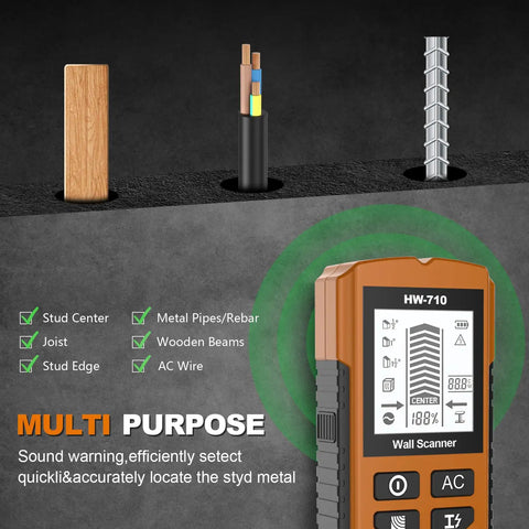 Hyuduo 5 in 1 Wall Scanner Stud Finder, LCD Display showing detection of wood and metal objects within walls.