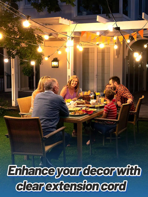 Outdoor scene with family dining under lights using Clear 3 Prong Extension Cord, 10 Ft Indoor Power Cable.