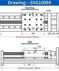 Technical drawing of Double Rail SFU Ballscrew Motion Stage with Adjustable Travel And Three Ball Screw Specs, top and side views.