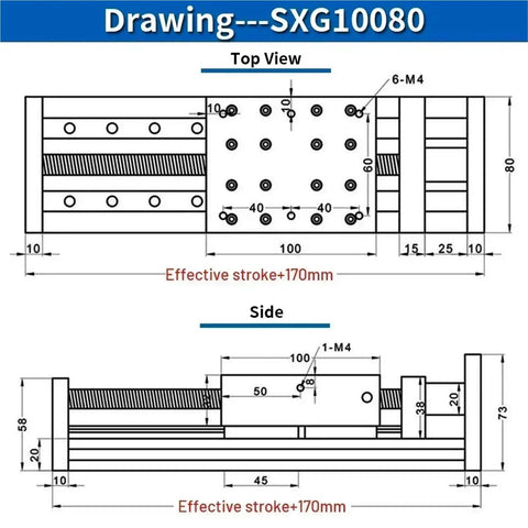 Technical drawing of Double Rail SFU Ballscrew Motion Stage with Adjustable Travel And Three Ball Screw Specs, top and side views.