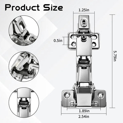 Detailed view of No-Fuss Wide Opening Cabinet Hinges Set dimensions with close-up of hinge mechanism.