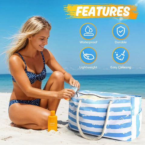 Woman using Go To Extra Large Beach Bag With Waterproof And Sandproof Zipper, Durable Travel Tote for family beach vacation