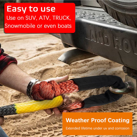 Soft Shackle One Half Inch By Twenty Two Inch Recovery Rope For SUV Truck Jeep ATV And Sailing With Fifty Seven Thousand Lbs Breaking Strength Synthetic UHMWPE Weave Two Pack Safer Than Metal Shackle attached to vehicle