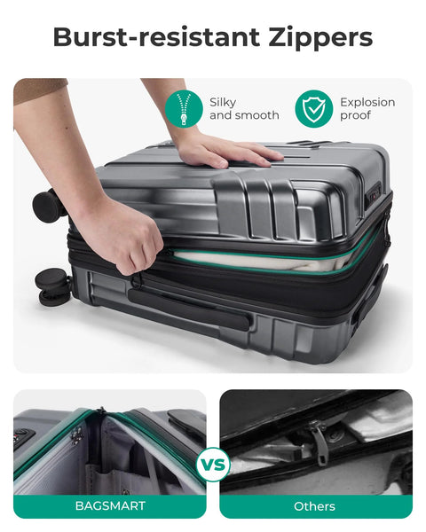 Front view of BAGSMART gray 20-inch expandable carry-on hard-shell luggage with spinner wheels being opened
