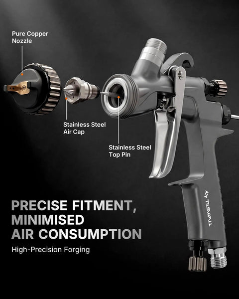 Heavy Duty LVLP Auto Paint Sprayer with pure copper nozzle and stainless steel parts for pro-grade detailing.