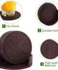 Skip Those Pesky Water Marks On Your Wood Using These Straight Up Durable PU Leather Drink Coasters Set Of Six With Classy Rose Embossing And Heavy Duty Holder for drink protection and easy storage.