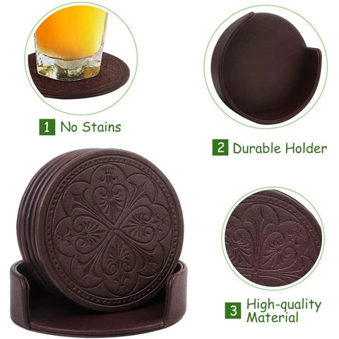 Skip Those Pesky Water Marks On Your Wood Using These Straight Up Durable PU Leather Drink Coasters Set Of Six With Classy Rose Embossing And Heavy Duty Holder for drink protection and easy storage.