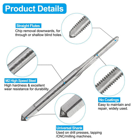 Tap And Drill Bit Set 2-56 UNC Right Hand Screw Tap And 1.8mm Drill Bit HSS 6542 Titanium Coated Or Uncoated Straight Flute Tapping Detail