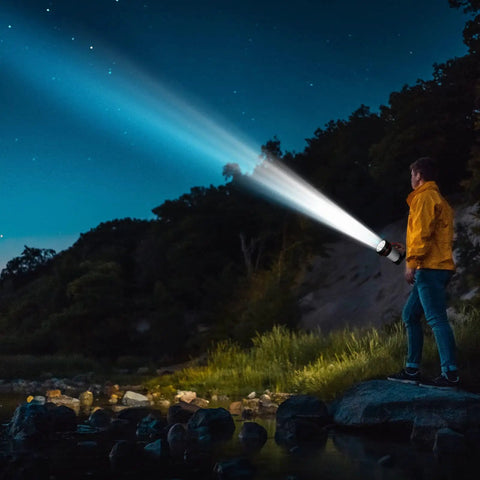 Person using Rechargeable Handheld Spotlight 12000 Lumen LED Flashlight With 10000mAh Battery for outdoor adventure at night