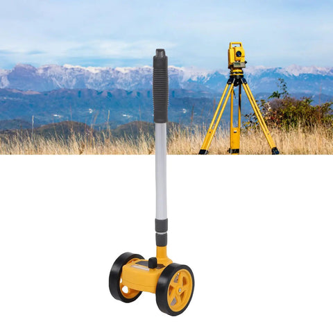 Glaeptio Dual 4in Rolling Measuring Wheel Accurate Distance Tool 0 to in outdoor setting with mountains in background.