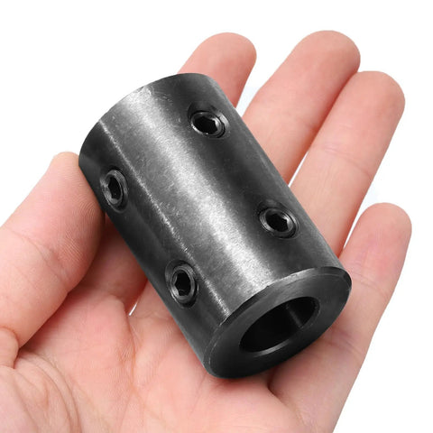 Rigid Shaft Coupling Five Eighth Inch Bore And One And Quarter Inch Outside Diameter Two Inch Length Black Oxide Plated Steel Four Set Screws Motor Wheel Connector For Torque Transmission Built To Last held in hand