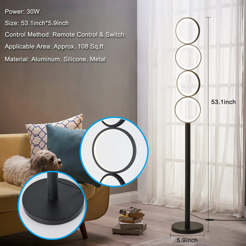 72W Dimmable LED Floor Lamp With Remote Control, Modern Black Standing Lamp For Living Room, Adjustable 3 Color Temperatures