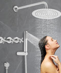 Wall Mounted Shower System 10 Inch Rainfall Shower with Handheld Spray in use, featuring chrome finish and a relaxing water flow.