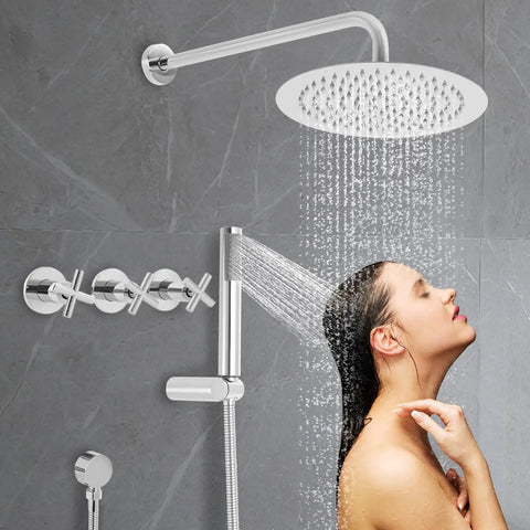 Wall Mounted Shower System 10 Inch Rainfall Shower with Handheld Spray in use, featuring chrome finish and a relaxing water flow.