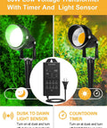 Low Voltage RGB Landscape Lights With Timer Transformer And Connector featuring 60W transformer, dusk to dawn sensor, and countdown timer.