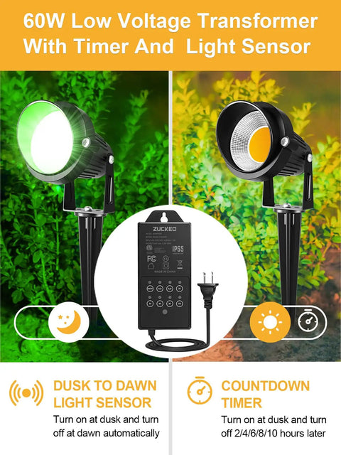 Low Voltage RGB Landscape Lights With Timer Transformer And Connector featuring 60W transformer, dusk to dawn sensor, and countdown timer.
