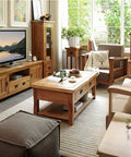 Cozy living room with wooden furniture and decor, featuring a coffee table, TV stand, and sofa, creating a warm and inviting atmosphere.