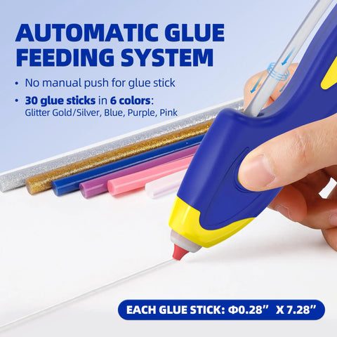 Cordless Hot Glue Gun With 6 Second Preheat, Auto Dispense And Dripless Design with 30 extended 7.28 inch sticks shown