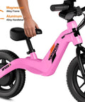 Electric Balance Bike For Kids Ages 3 To 7 With 14 Inch Pneumatic Tires, 24V 270W Motor, Kick To Start Safe Ride, Rear Drum Brake, 3 Speeds Up To 9.3 MPH, Lightweight Magnesium Alloy Frame, Adjustable Seat Pink side view with seat adjustment
