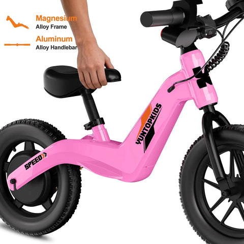Electric Balance Bike For Kids Ages 3 To 7 With 14 Inch Pneumatic Tires, 24V 270W Motor, Kick To Start Safe Ride, Rear Drum Brake, 3 Speeds Up To 9.3 MPH, Lightweight Magnesium Alloy Frame, Adjustable Seat Pink side view with seat adjustment