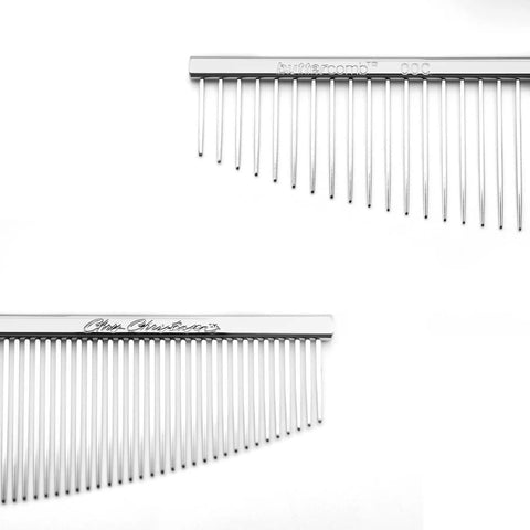Close-up of Crescent Butter Comb Finishing Tool For Precision Detailing, 6.5 Inch Coarse And Fine Teeth, Chrome Finish.