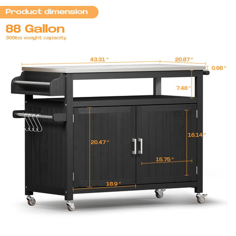 43.3-Inch Outdoor Kitchen Island with storage cabinet, stainless steel top, lockable wheels, and hanging hooks
