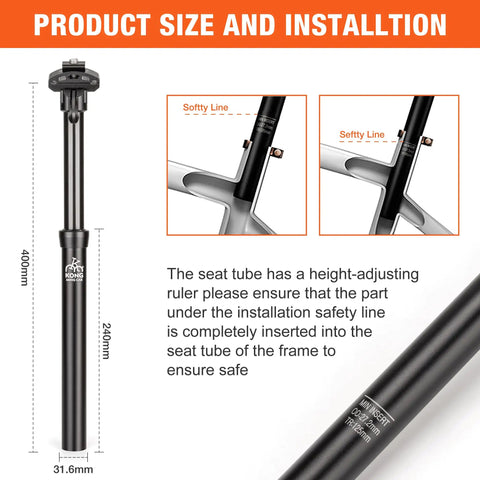 Diagram showing Dope Dropper Post Fits 27.2 30.4 30.9 31.6mm Diameters and 400mm Length with installation instructions.