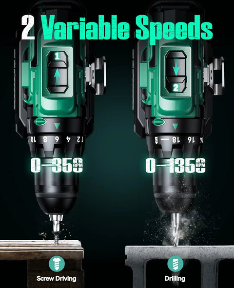 Two 20V 2.0Ah Batteries Cordless Drill Set With 350 In Lb Torque, 0 To 1350 RPM, dual drilling speed view, wood and concrete use