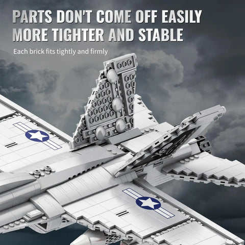 Close-up of movable wings and secure construction of F-18 Hornet Fighter Jet Building Set For Adults With 1387 Pieces.