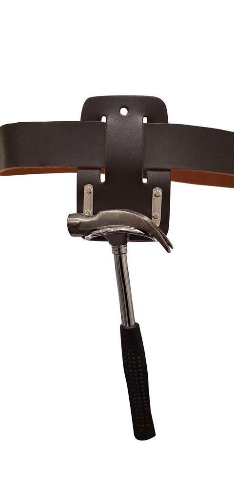 Premium Leather Hammer Holder And Tool Loop Holster For Three Inch Belts Heavy Duty Steel Cradle with hammer inserted