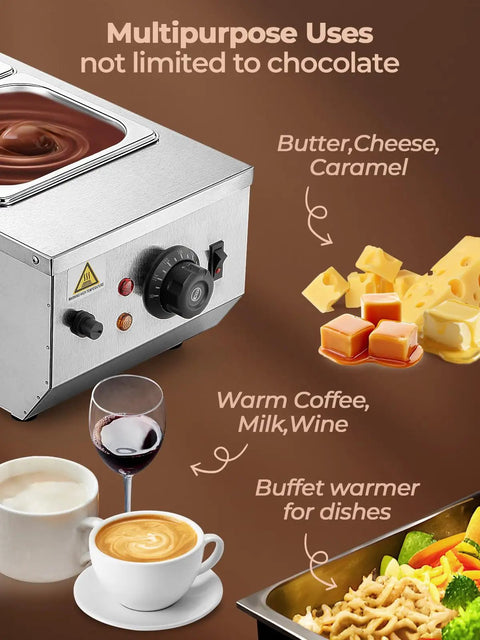 Pro Grade Two Tank Chocolate Tempering System 9 lb Capacity with chocolate, cheese, milk, wine, and food heating uses