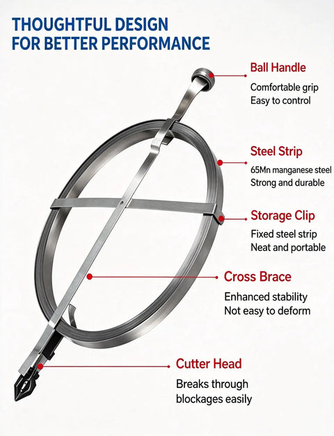 Heavy Duty Flat Steel Sewer Rod And Drain Snake Tool Forged From Tempered Metal, featuring durable steel strip and cutter head.
