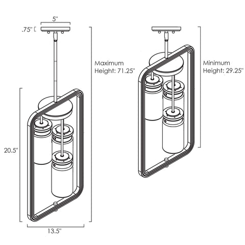 Diagram of Augustine Inspired 21-Inch Modern 3-Light Ceiling Pendant Chandelier specifications, oil rubbed bronze finish.