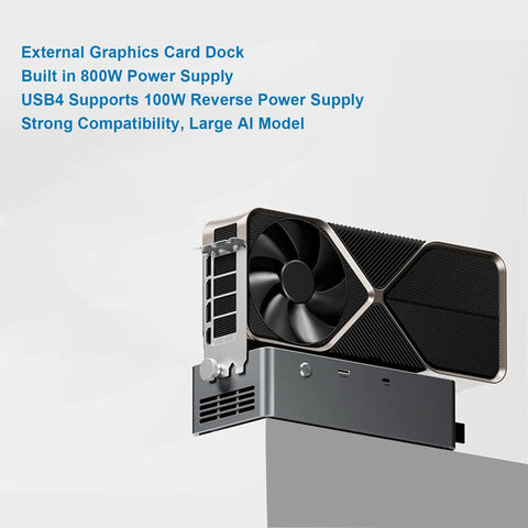 Plug and Play External Gpu Enclosure With Oculink And Usb4 Hot Swap Support Featuring A Rock Solid Eight Hundred Watt Power Supply To Upgrade Your Laptop Setup Today Black showing a sleek graphics card dock with built-in 800W power supply.