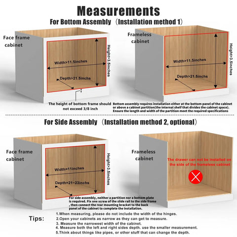Measurements for Smooth Glide Pull Out Cabinet Organizer and Slide Out Drawer installation methods for face frame and frameless cabinets