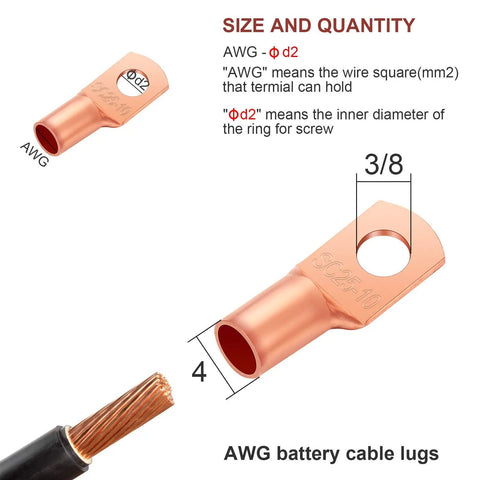 Copper Wire Lug Kit 170 Pcs Battery Terminal Connectors In 12 Sizes For AWG 4-12, showing copper terminal lug dimensions and wire fit.