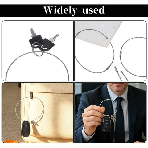 Collage of 20 Pack Stainless Steel Wire Keychain Cables 11.8 Inch with 2mm Twist Barrel Screw Lock Rings in use with keys and luggage.
