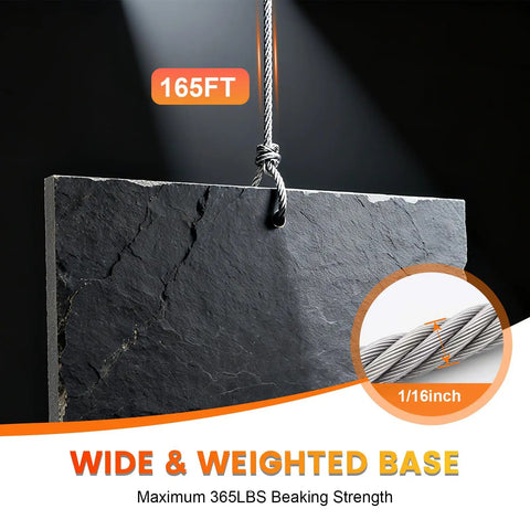 1/16 Inch 7x7 Stainless Steel Wire Rope Kit 165FT Cable with stone weight test, highlighting strength and durability