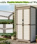 Tall Outdoor Storage Cabinet With Adjustable Shelves For Garden And Garage White Plastic And Wood Build Waterproof Roof Lockable Doors Yard Ready Tool Shed For Patio Backyard And Other Outdoor Spaces