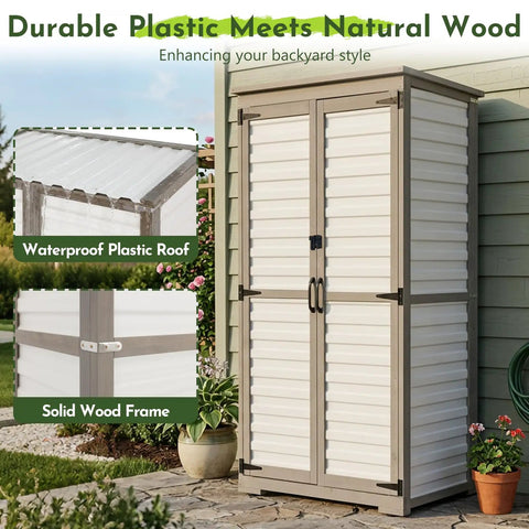 Tall Outdoor Storage Cabinet With Adjustable Shelves For Garden And Garage White Plastic And Wood Build Waterproof Roof Lockable Doors Yard Ready Tool Shed For Patio Backyard And Other Outdoor Spaces