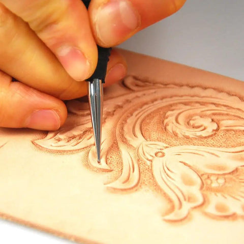 Close-up of hand using Leathercraft Modeling Tools Set Three Piece With S M L Sizes In Red PVC Pouch for precise carving.