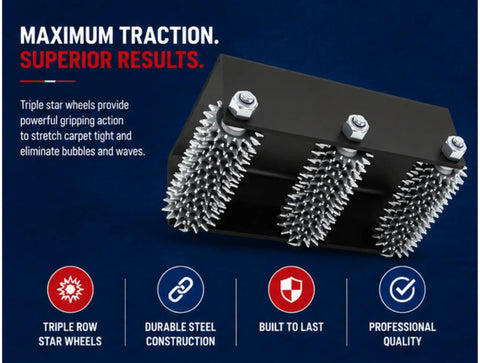 Triple Star Wheel Carpet Roller For Easy Grip And Smooth Stretching Pro Grade Carpet Install Tool with star wheel close-up