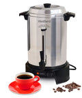 Heavy Duty Commercial Coffee Urn With 55 Cup Capacity And Automatic Temperature Control Fast One Cup Per Minute Brew Keeps Coffee Hot For Hours Easy Clean Up With Brush NSF Approved Large Polished Aluminum Server For Offices, with red cup and coffee beans.